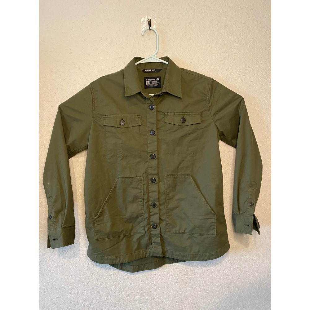 Carhartt Rugged Flex Shirt Jacket Womens Olive Green Button Up Loose Fit S